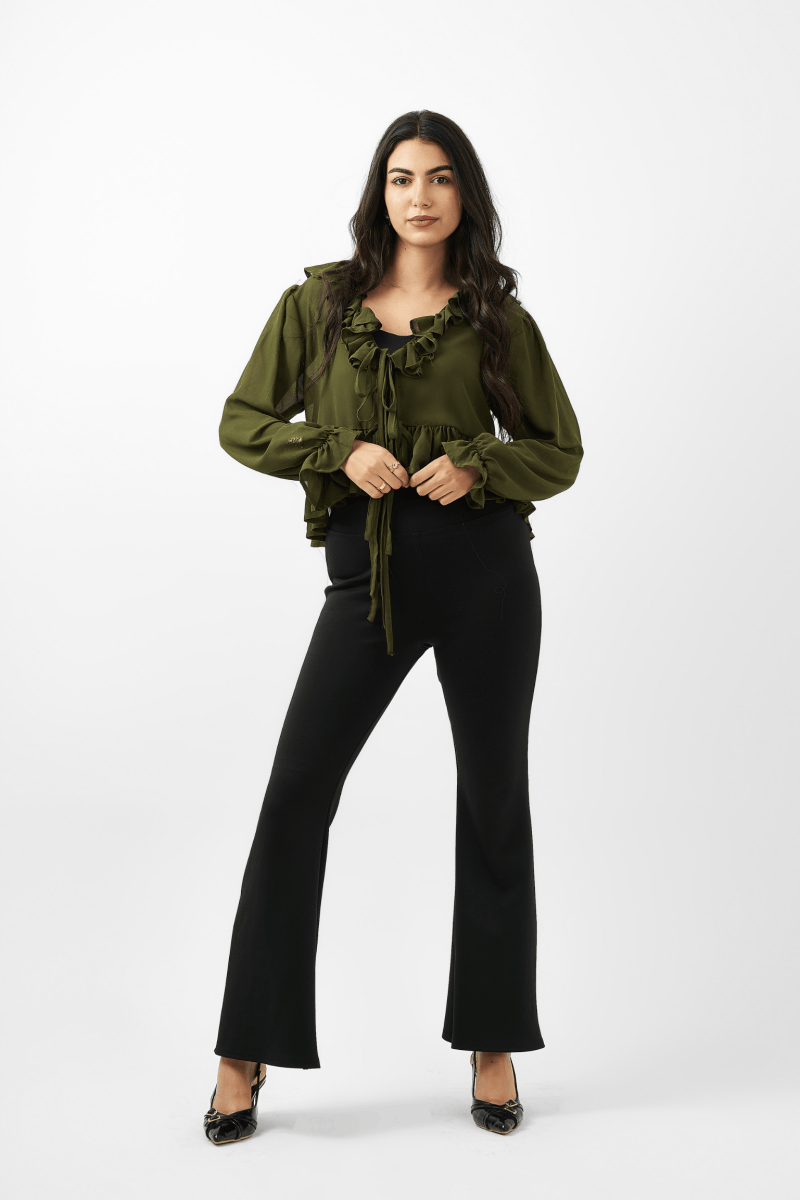 Ruffled Romance V - Neck Blouse – Olive Green - Hushy Wear