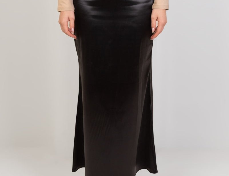 Satin High Waisted Maxi Skirt - Black - Hushy Wear