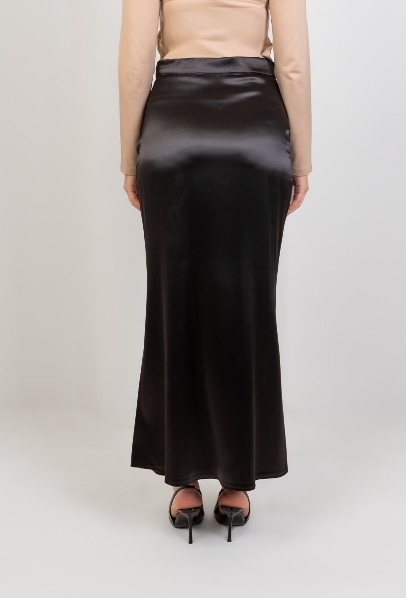 Satin High Waisted Maxi Skirt - Black - Hushy Wear