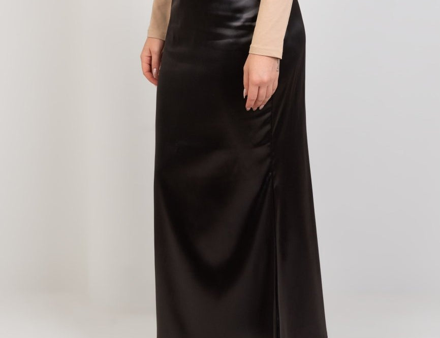 Satin High Waisted Maxi Skirt - Black - Hushy Wear