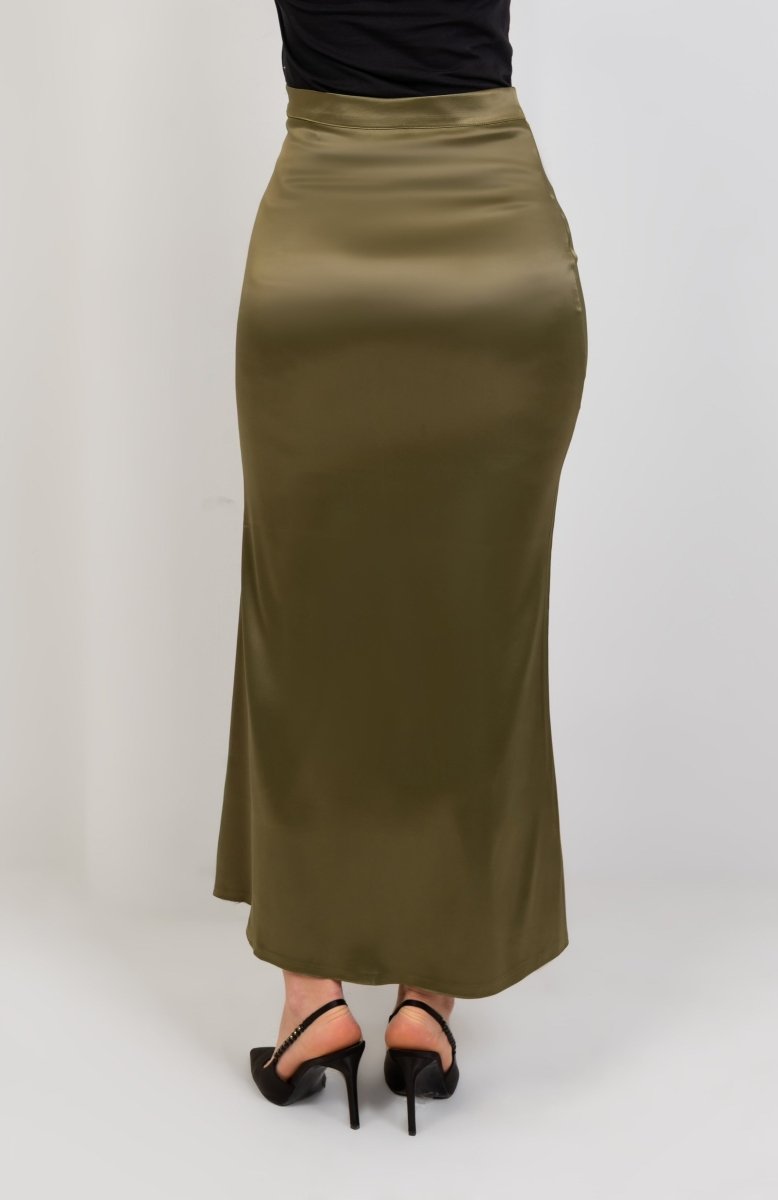 Satin High Waisted Maxi Skirt - Olive - Hushy Wear