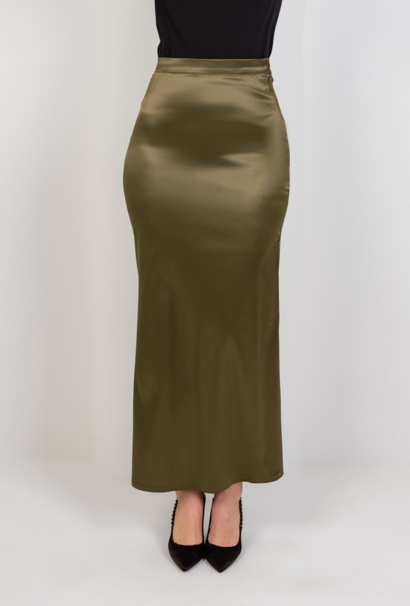 Satin High Waisted Maxi Skirt - Olive - Hushy Wear