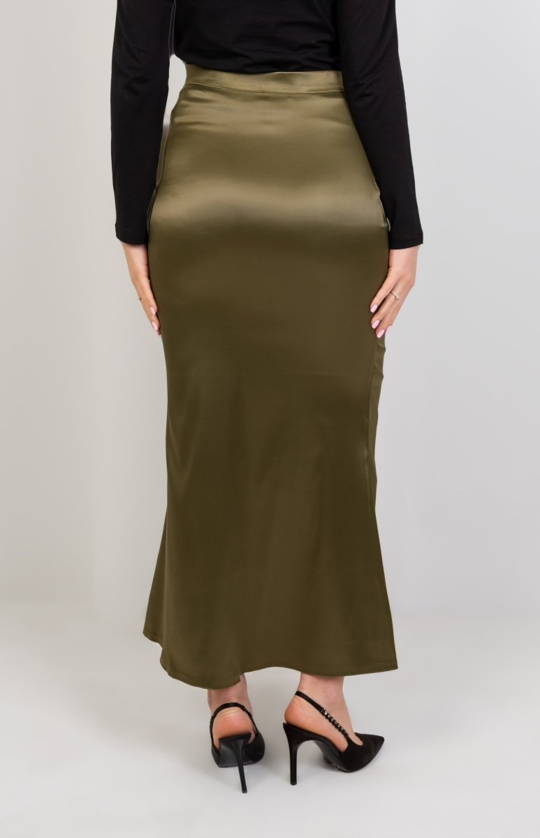 Satin High Waisted Maxi Skirt - Olive - Hushy Wear