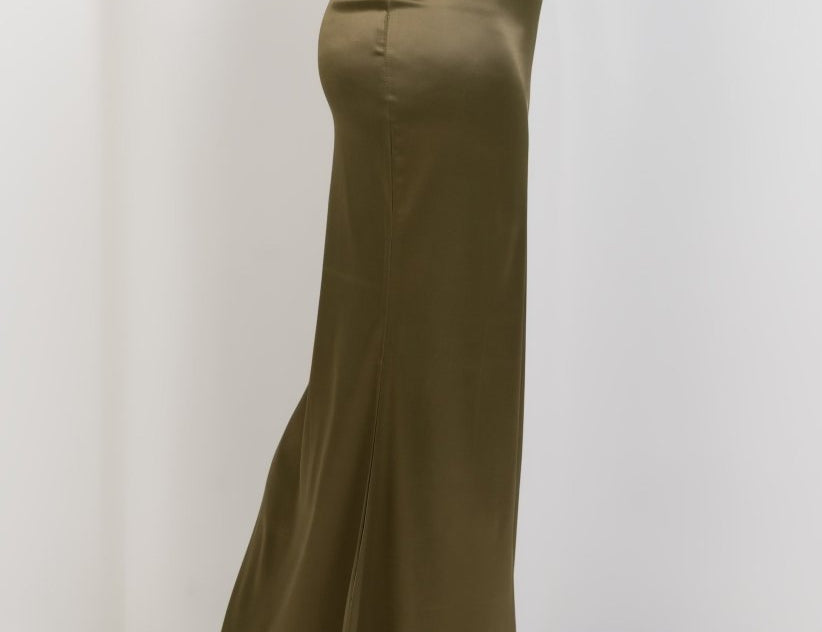 Satin High Waisted Maxi Skirt - Olive - Hushy Wear