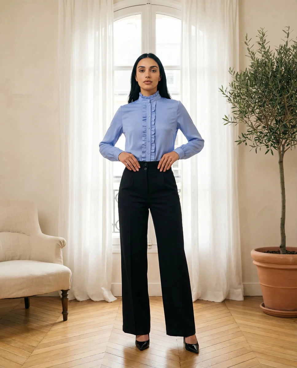 Sky Blue Ruffled Collar Button - Up Blouse - Hushy Wear