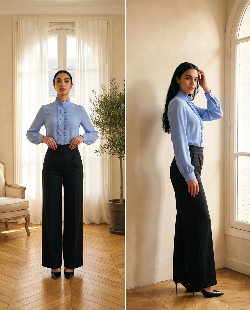 Sky Blue Ruffled Collar Button - Up Blouse - Hushy Wear