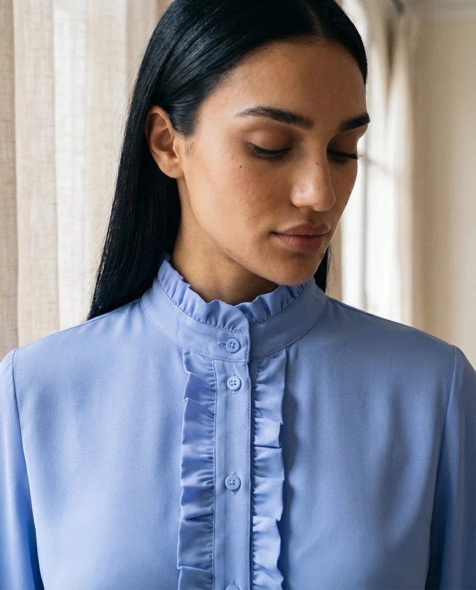 Sky Blue Ruffled Collar Button - Up Blouse - Hushy Wear
