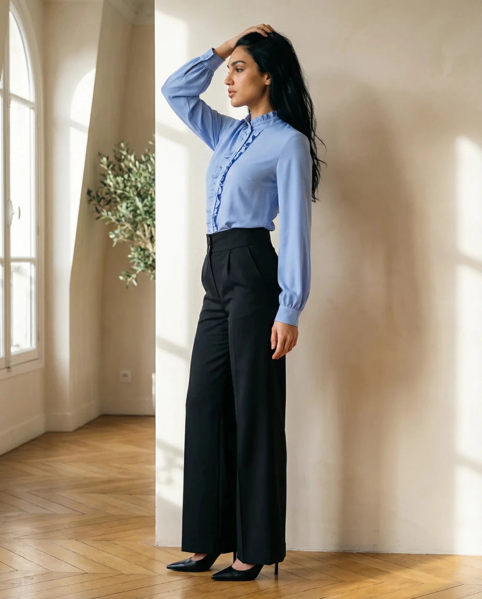 Sky Blue Ruffled Collar Button - Up Blouse - Hushy Wear