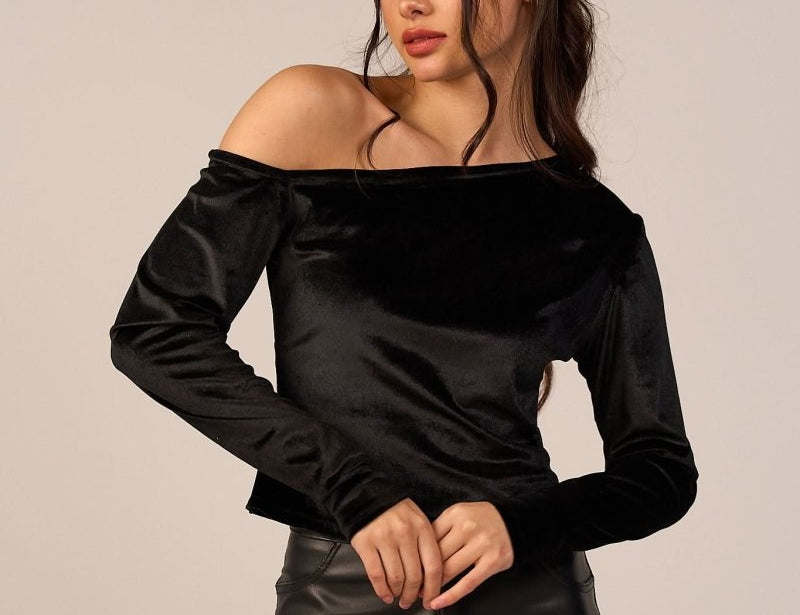 Velvet One Off Shoulder Tops - Black - Hushy Wear