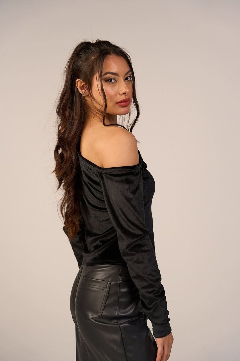 Velvet One Off Shoulder Tops - Black - Hushy Wear