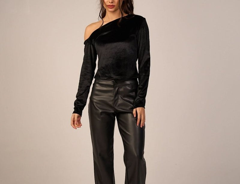 Velvet One Off Shoulder Tops - Black - Hushy Wear